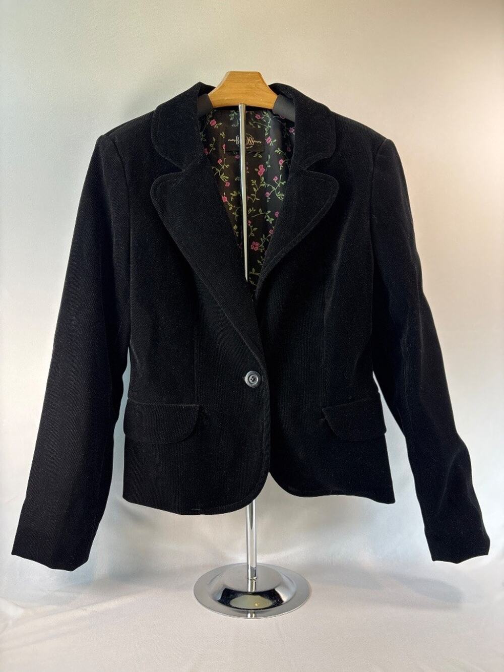 B. Moss Black Single-Button Blazer Sz 10 Classic Floral Lining Jacket